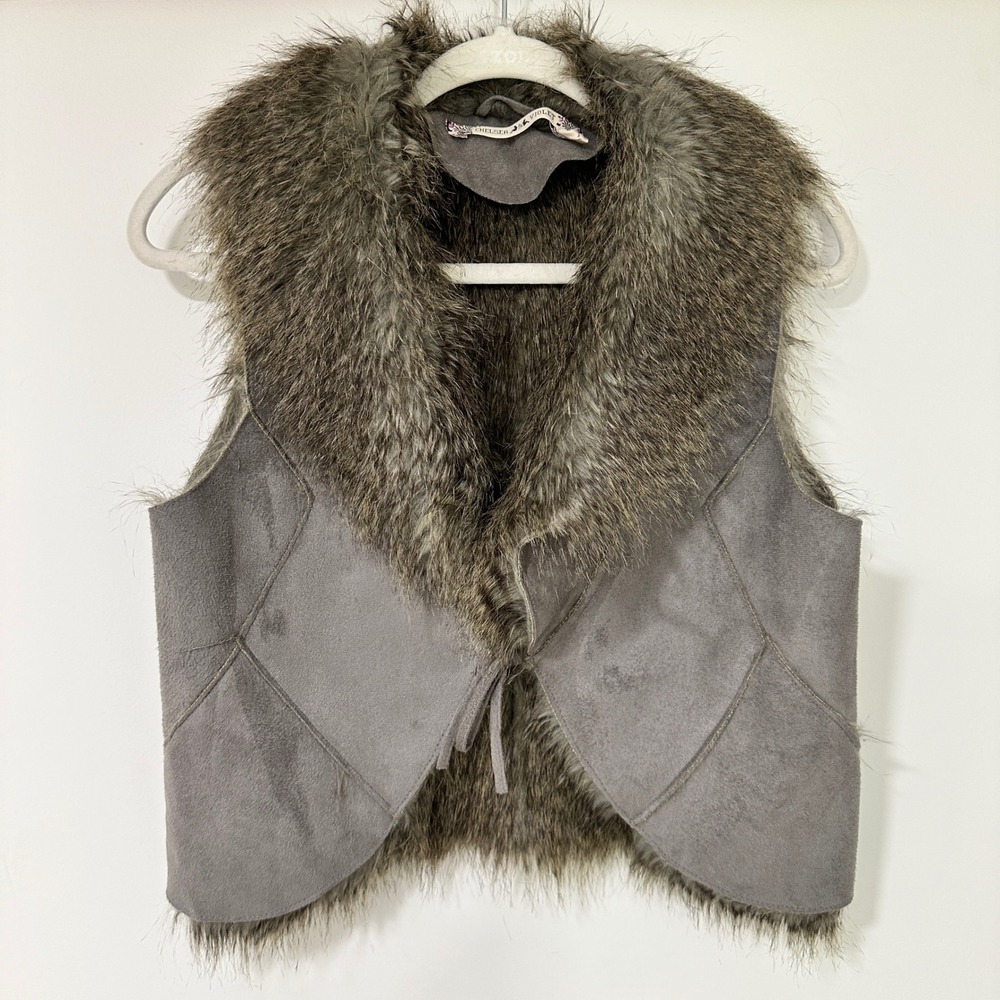 Chelsea & Violet Faux Fur Suede Vest Women M Gray Shag Collar Tie Front Boho